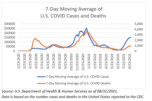 Line graph showing the 7-day average of US Covid cases and deaths through 8/31/2021 prepared by the U.S Department of Health