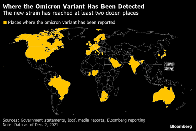 Map of where the Omicron variant has been detected