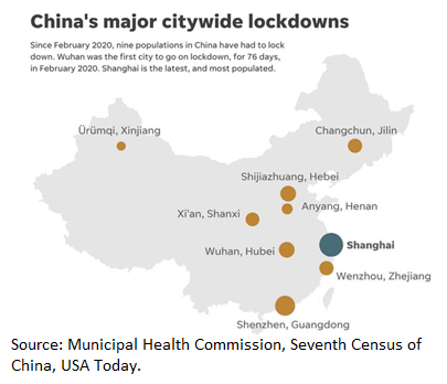Map of major city lockdowns in China