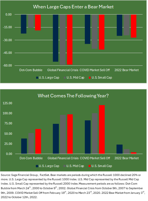 Bar graphs showing what happens to stocks when large caps enter a bear market and what comes a year later.